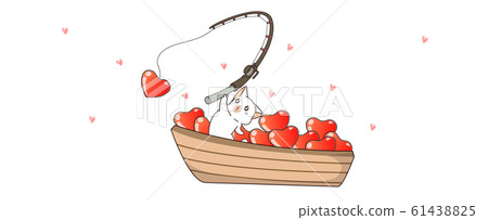 Banner greeting kawaii cat is fishing hearts in cartoon style Banner greeting kawaii cat is fishing hearts in cartoon style 61438825