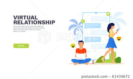 Virtual relationships. Handsome man sitting with laptop and chatting with pretty woman with phone Virtual relationships. Handsome man sitting with laptop and chatting with pretty woman with phone 61439672
