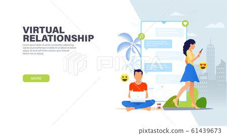 Virtual relationships. Handsome man sitting with laptop and chatting with pretty woman with phone 61439673