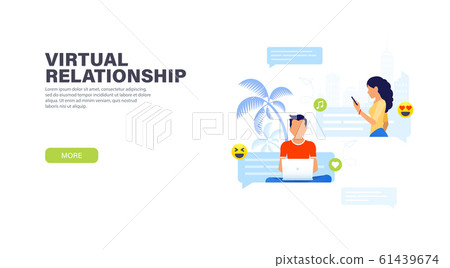Virtual relationships. Handsome man sitting with laptop and chatting with pretty woman with phone 61439674
