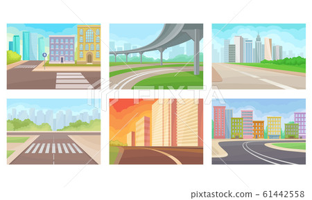 Urban Roads and Motorways Vector Illustrations Set 61442558