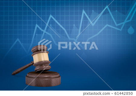3d rendering of brown wooden gavel and sound block on blue background with line graphs and some copy space. 61442850