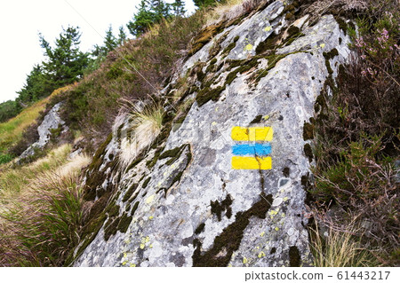 Blue and yellow square hiking markers, trail blazing symbol, Krkonose mountains, Czech Republic 61443217
