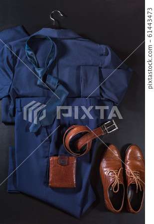Classic set men clothes blue color suit on hanger Classic set men clothes blue color suit on hanger 61443473