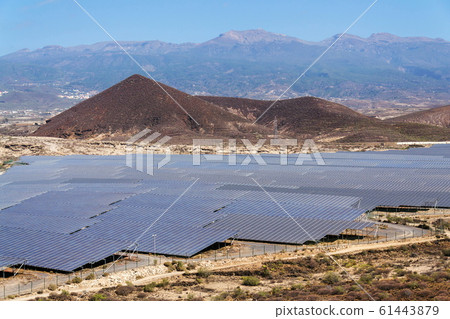 Solar panels at photovoltaics power station farm, future innovation energy concept, blue sky with Mount Teide in background, Tenerife, Canary Island, Spain 61443879