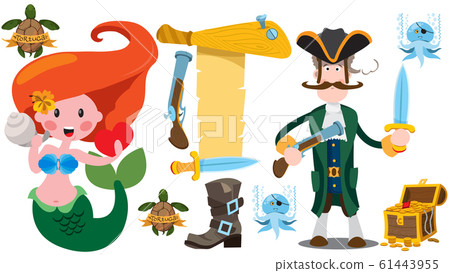 Pirate Captain and mermaid. Banner from an old parchment with space for text. Various items Medieval Pirates. Drawing on themes Ganster to design T-shirts, playing cards, theme parties 61443955