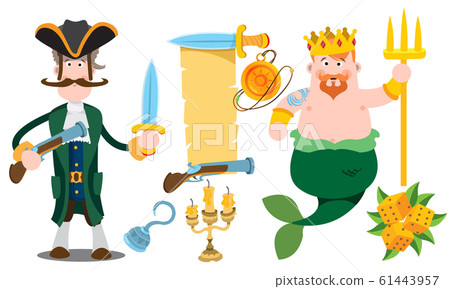 Pirate Captain and Neptune. Banner from an old parchment with space for text. Various items Medieval Pirates. Drawing on themes Ganster to design T-shirts, playing cards, theme parties Pirate Captain and Neptune. Banner from an old parchment with space for text. Various items Medieval Pirates. Drawing on themes Ganster to design T-shirts, playing cards, theme parties 61443957