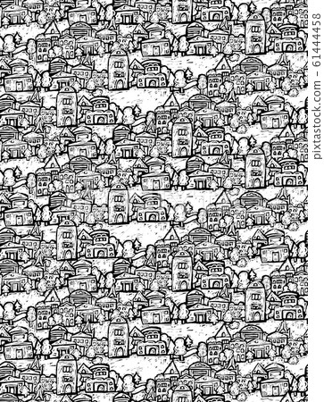 Suburb houses trees fields doodles black and white seamless pattern Suburb houses trees fields doodles black and white seamless pattern 61444458