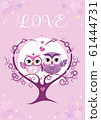 Owls couple in love sitting on a tree branch. Template for poster, card, your design. Vector. 61444731