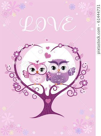 Owls couple in love sitting on a tree branch. Template for poster, card, your design. Vector. Owls couple in love sitting on a tree branch. Template for poster, card, your design. Vector. 61444731