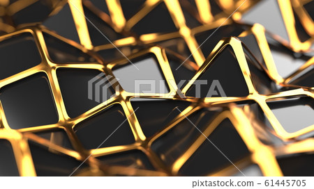 The golden and polygonal lowpoly grille has a black reflective surface in a minimalist design. Abstract 3d illustration background. Selective focus macro shot with shallow DOF The golden and polygonal lowpoly grille has a black reflective surface in a minimalist design. Abstract 3d illustration background. Selective focus macro shot with shallow DOF 61445705