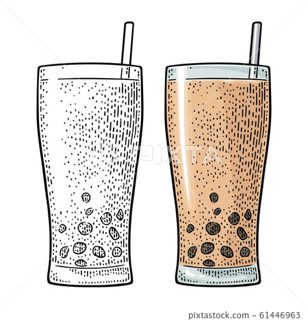 Bubble milk tea with tapioca pearl ball in glass. Bubble milk tea with tapioca pearl ball in glass. 61446963