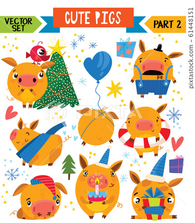 Christmas cartoon pigs collection. Winter hand drawn set with pigs in different poses. New Year pig and decorations. Christmas cartoon pigs collection. Winter hand drawn set with pigs in different poses. New Year pig and decorations. 61448151