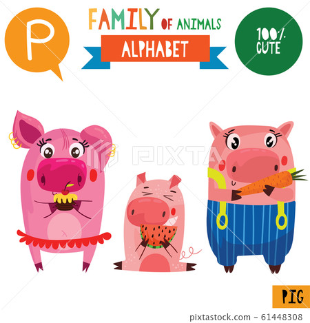 Letter P-Mega big set.Cute vector alphabet with family of animals in cartoon style. 61448308
