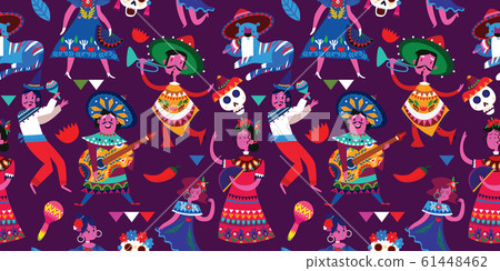 Mexican seamless pattern with mexican characters, mexican skull, elements. Usefull for for celebration, national celebrations, fiesta and decoration Mexican seamless pattern with mexican characters, mexican skull, elements. Usefull for for celebration, national celebrations, fiesta and decoration 61448462
