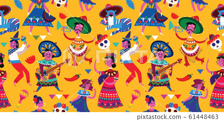 Mexican seamless pattern with mexican characters, mexican skull, elements. Usefull for for celebration, national celebrations, fiesta and decoration Mexican seamless pattern with mexican characters, mexican skull, elements. Usefull for for celebration, national celebrations, fiesta and decoration 61448463