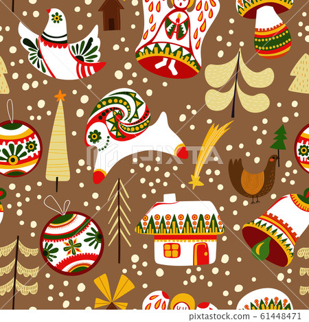 Winter holidays greeting card with seamless ethnic geometric pattern background. Merry Christmas and Happy New Year. Elegant template for postcards, invitations, banners. Winter holidays greeting card with seamless ethnic geometric pattern background. Merry Christmas and Happy New Year. Elegant template for postcards, invitations, banners. 61448471