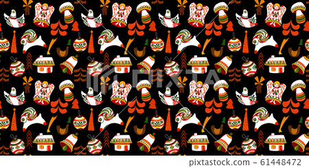 Winter holidays greeting card with seamless ethnic geometric pattern background. Merry Christmas and Happy New Year. Elegant template for postcards, invitations, banners. Winter holidays greeting card with seamless ethnic geometric pattern background. Merry Christmas and Happy New Year. Elegant template for postcards, invitations, banners. 61448472
