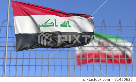 Waving flags of Iraq and Iran separated by barbed wire fence. Conflict related conceptual 3D rendering 61450625
