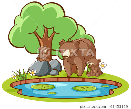 Isolated picture of grizzly bears by the pond 61453139