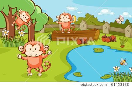 Scene with three monkeys in the park Scene with three monkeys in the park 61453188