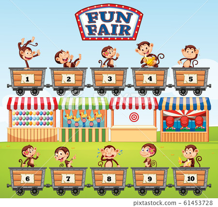 Happy monkeys riding in the carts with numbers 61453728