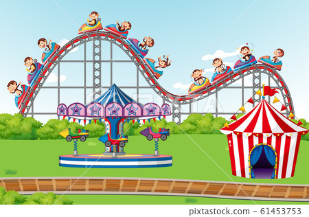 Scene with happy monkeys riding roller coaster in 61453753