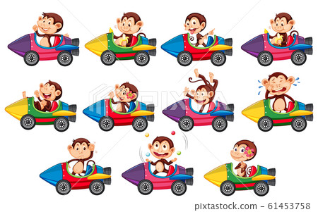 Set of happy monkeys riding on rocket car 61453758