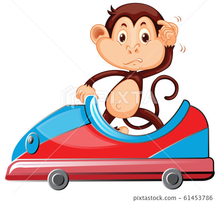 Monkey riding on toy blue and red car Monkey riding on toy blue and red car 61453786