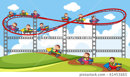 Scene with cute monkeys riding on roller coaster Stock