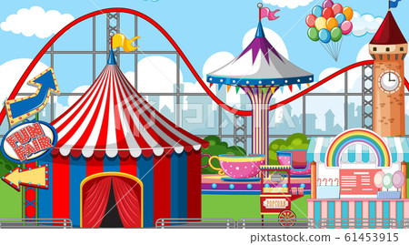 Scene with many circus rides at day time 61453915