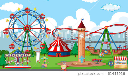 Scene with roller coaster and many rides in the 61453916