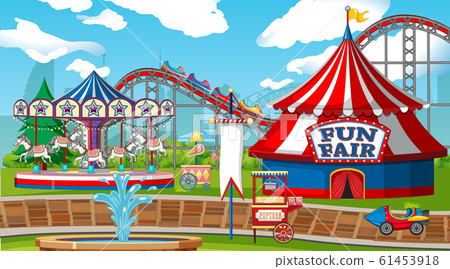 Scene with roller coaster and carousel in the fair 61453918