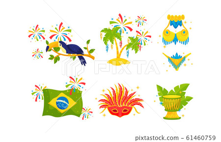 Festive Brazil Attributes and Symbols with Drum and Carnival Mask Vector Set 61460759