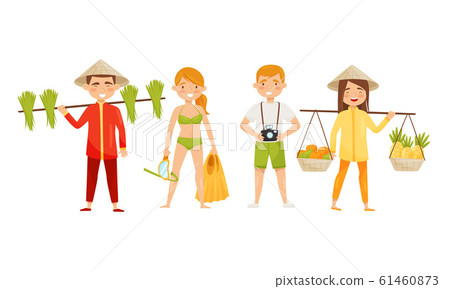Young Man and Woman Having Vacation in Asian Country Vector Set Young Man and Woman Having Vacation in Asian Country Vector Set 61460873