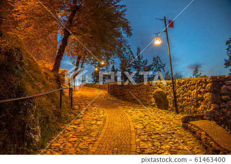 Illuminated cobblestone road to castle Illuminated cobblestone road to castle 61463400