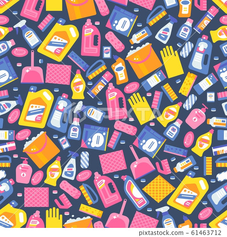 Cleaning products icons in seamless pattern, vector illustration. Wrapping paper print design for packaging, washing detergents and household items Cleaning products icons in seamless pattern, vector illustration. Wrapping paper print design for packaging, washing detergents and household items 61463712