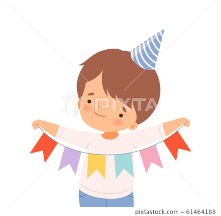 Cheerful Little Boy Wearing Birthday Hat Holding Colorful Flag Garland Vector Illustration Cheerful Little Boy Wearing Birthday Hat Holding Colorful Flag Garland Vector Illustration 61464188