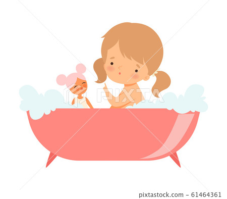 Little Girl Sitting in Bathtub and Playing with Her Doll Vector Illustration 61464361