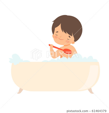 Little Boy Sitting in Bathtub and Washing with Shower Puff Vector Illustration Little Boy Sitting in Bathtub and Washing with Shower Puff Vector Illustration 61464379