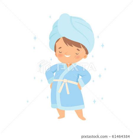 Little Boy Wearing Bathrobe Standing with Towel on His Head Vector Illustration Little Boy Wearing Bathrobe Standing with Towel on His Head Vector Illustration 61464384