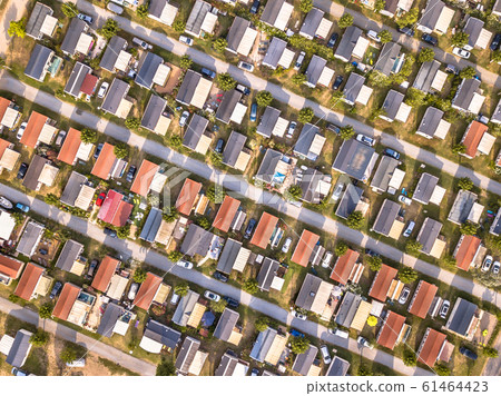 Aerial view of campsite with cabins 61464423