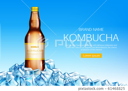Kombucha bottle on ice cubes heap mockup banner 61468825