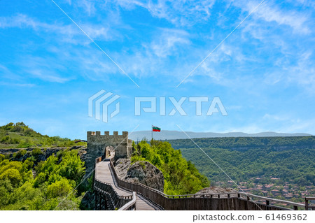 Wooden bridge and Gate of the ancient fortress Ovech. Provadia, Bulgaria 61469362