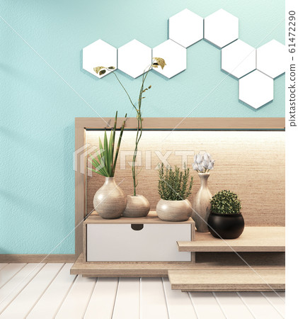 Hexagon tile lamp on hiden light wall and wooden 61472290