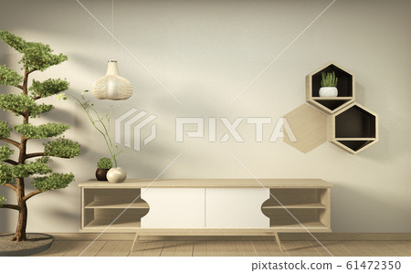 Tv on wall and wooden cabinet in modern empty room Tv on wall and wooden cabinet in modern empty room 61472350