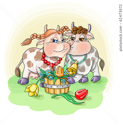 vector illustration bull in love congratulates the cow with flowers,family cherful vector illustration bull in love congratulates the cow with flowers,family cherful 61473072