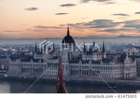 Morning view of illuminated Parliament building in Budapest, Morning view of illuminated Parliament building in Budapest, 61475003
