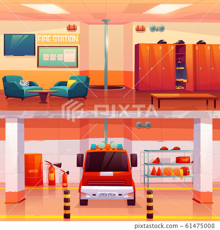 Fire station empty interior and garage with car 61475008