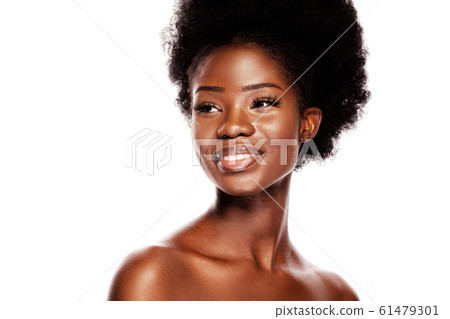 Young African Woman with Happy Smile on White Background 61479301